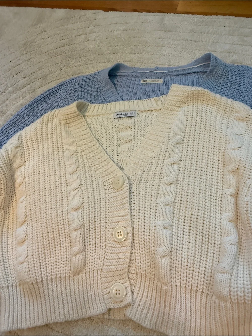 Bundle of 2-Cream Cable-Knit Button Cardigan Sweater -Light Blue Cable knit